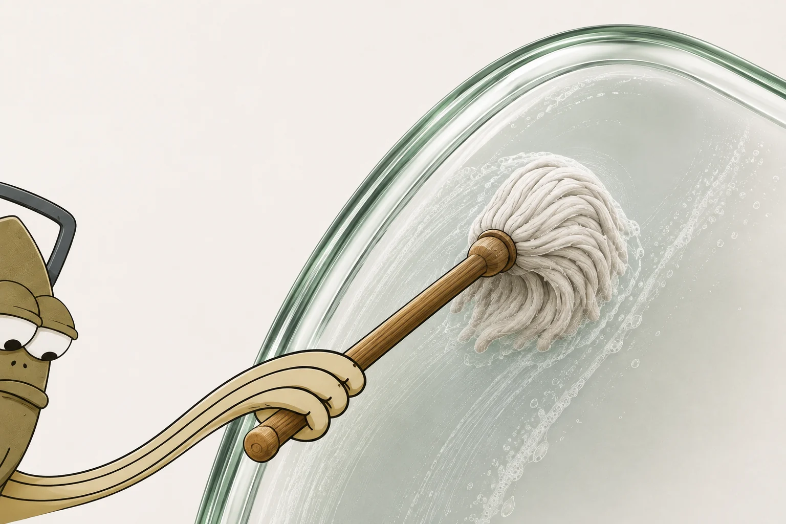 Close-up of the fish janitor wiping soap from the glass PONS symbol