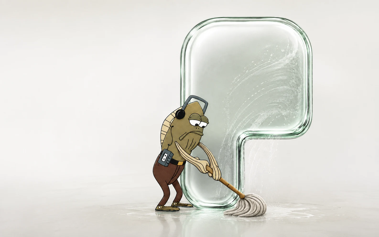 Tired fish janitor cleaning a large translucent glass PONS symbol